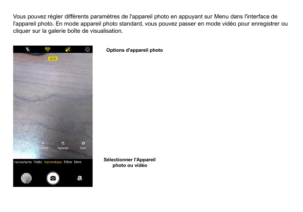 Vous pouvez régler différents paramètres de l'appareil photo en appuyant sur Menu dans l'interface del'appareil photo. En mode a