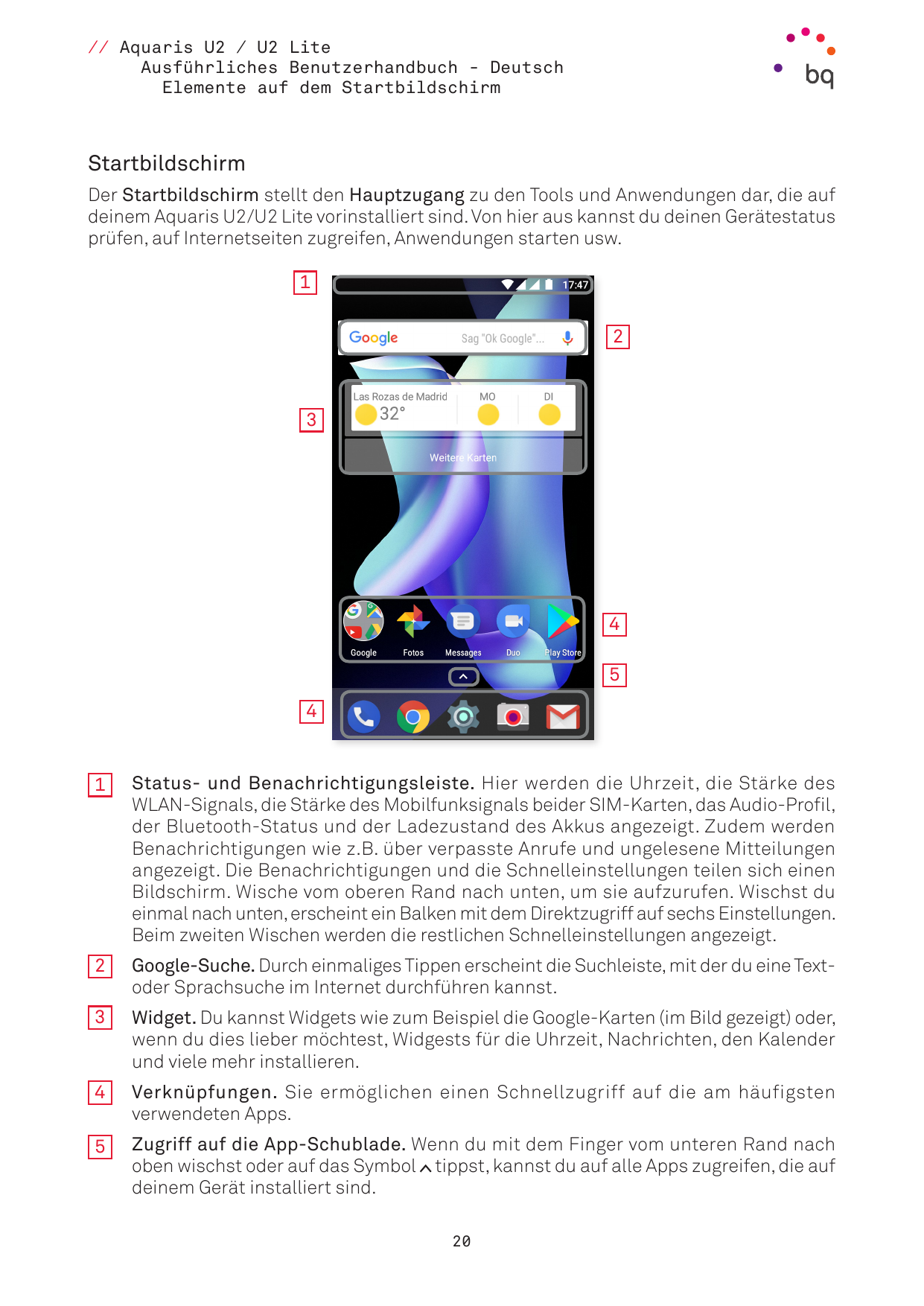 // Aquaris U2 / U2 LiteAusführliches Benutzerhandbuch - DeutschElemente auf dem StartbildschirmStartbildschirmDer Startbildschir