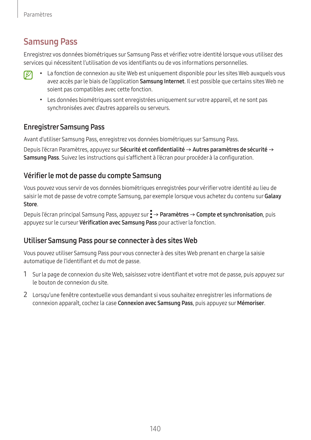 ParamètresSamsung PassEnregistrez vos données biométriques sur Samsung Pass et vérifiez votre identité lorsque vous utilisez des