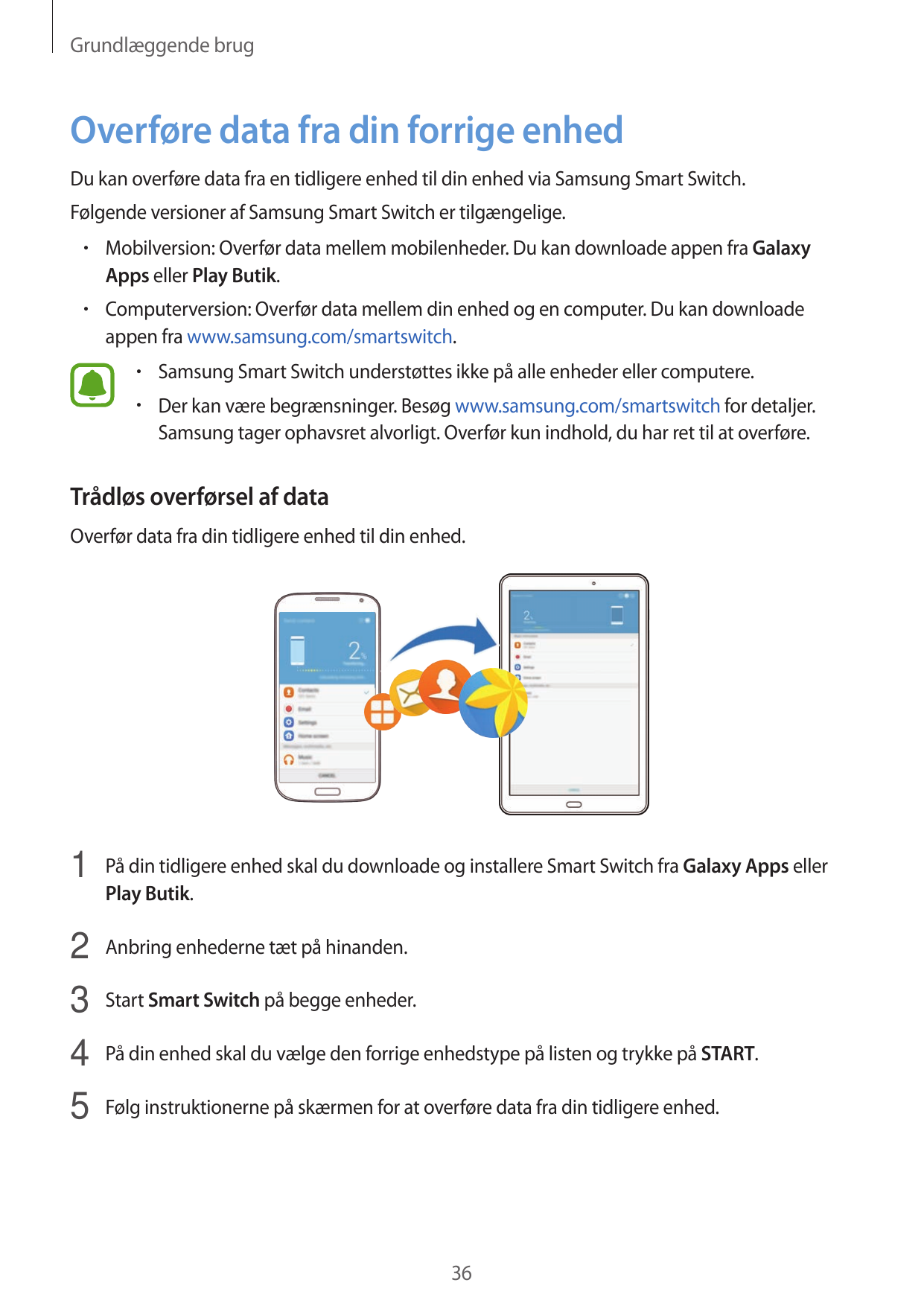 Grundlæggende brugOverføre data fra din forrige enhedDu kan overføre data fra en tidligere enhed til din enhed via Samsung Smart