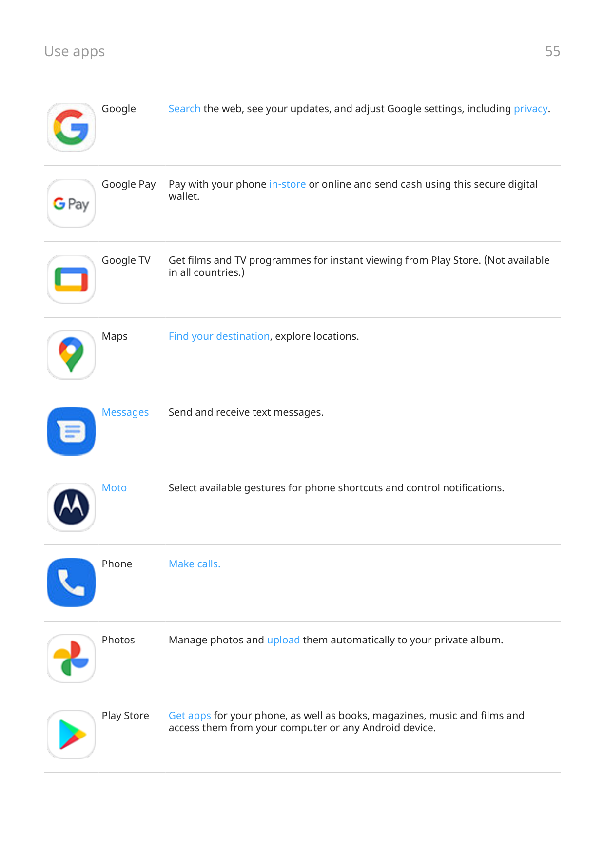 Use apps55GoogleSearch the web, see your updates, and adjust Google settings, including privacy.Google PayPay with your phone in