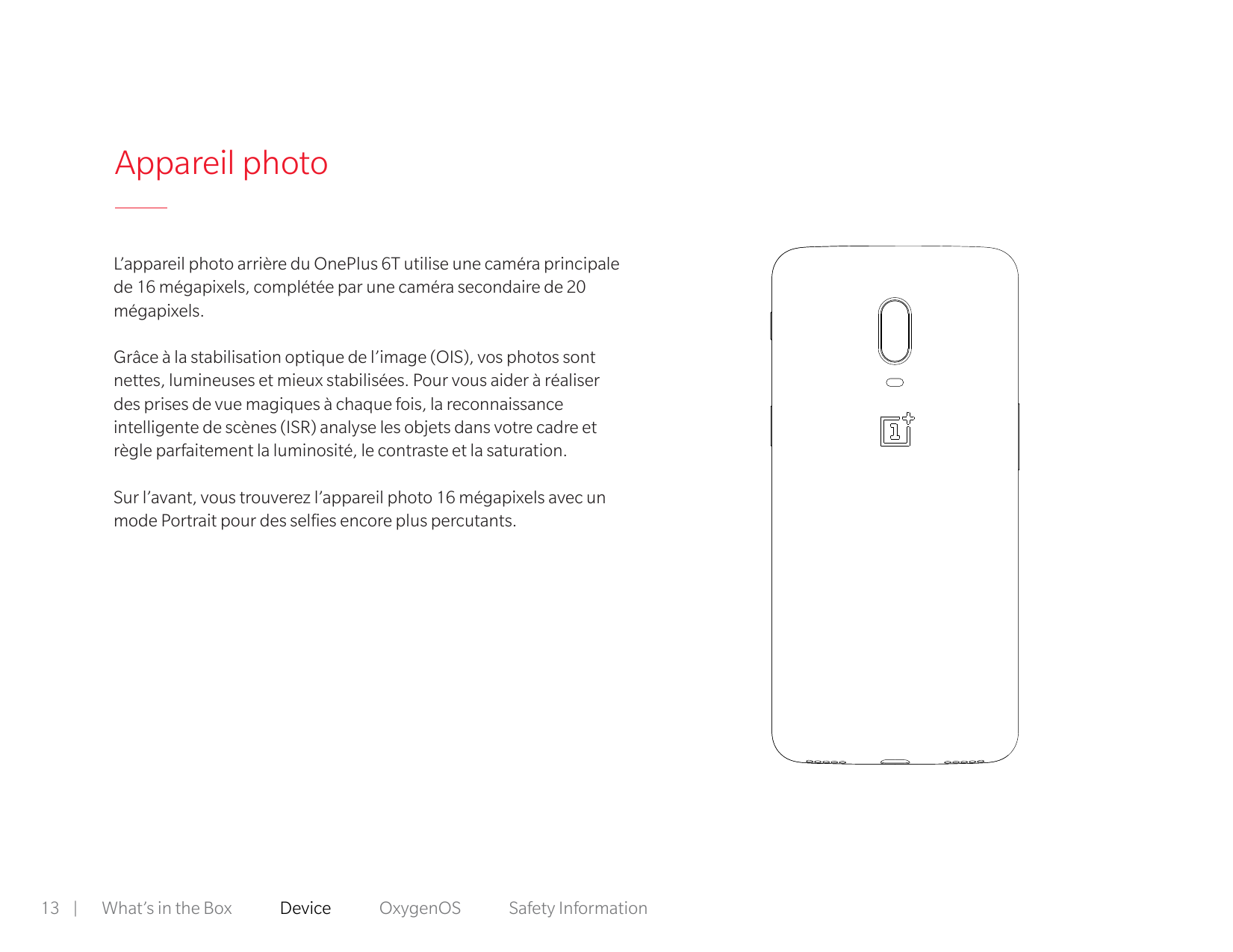 Appareil photoL’appareil photo arrière du OnePlus 6T utilise une caméra principalede 16 mégapixels, complétée par une caméra sec