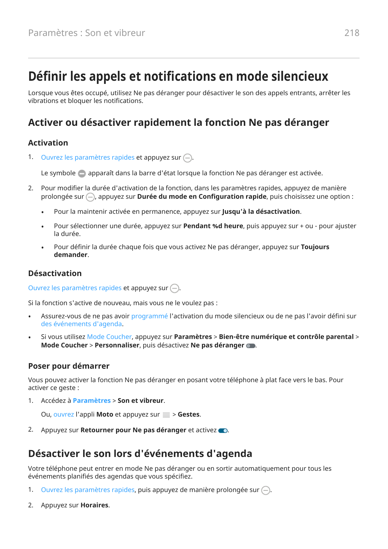 218Paramètres : Son et vibreurDéfinir les appels et notifications en mode silencieuxLorsque vous êtes occupé, utilisez Ne pas dé