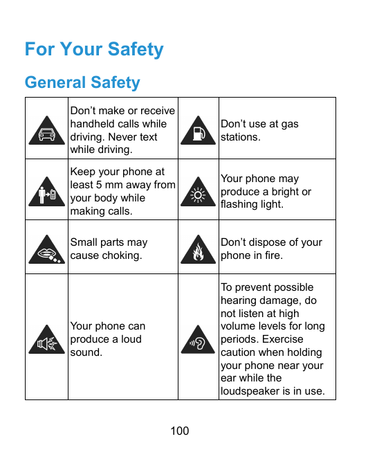 For Your SafetyGeneral SafetyDon’t make or receivehandheld calls whiledriving. Never textwhile driving.Don’t use at gasstations.