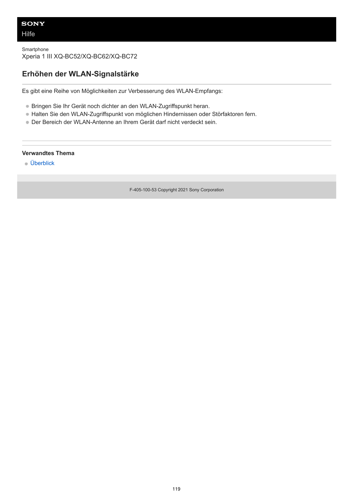 HilfeSmartphoneXperia 1 III XQ-BC52/XQ-BC62/XQ-BC72Erhöhen der WLAN-SignalstärkeEs gibt eine Reihe von Möglichkeiten zur Verbess