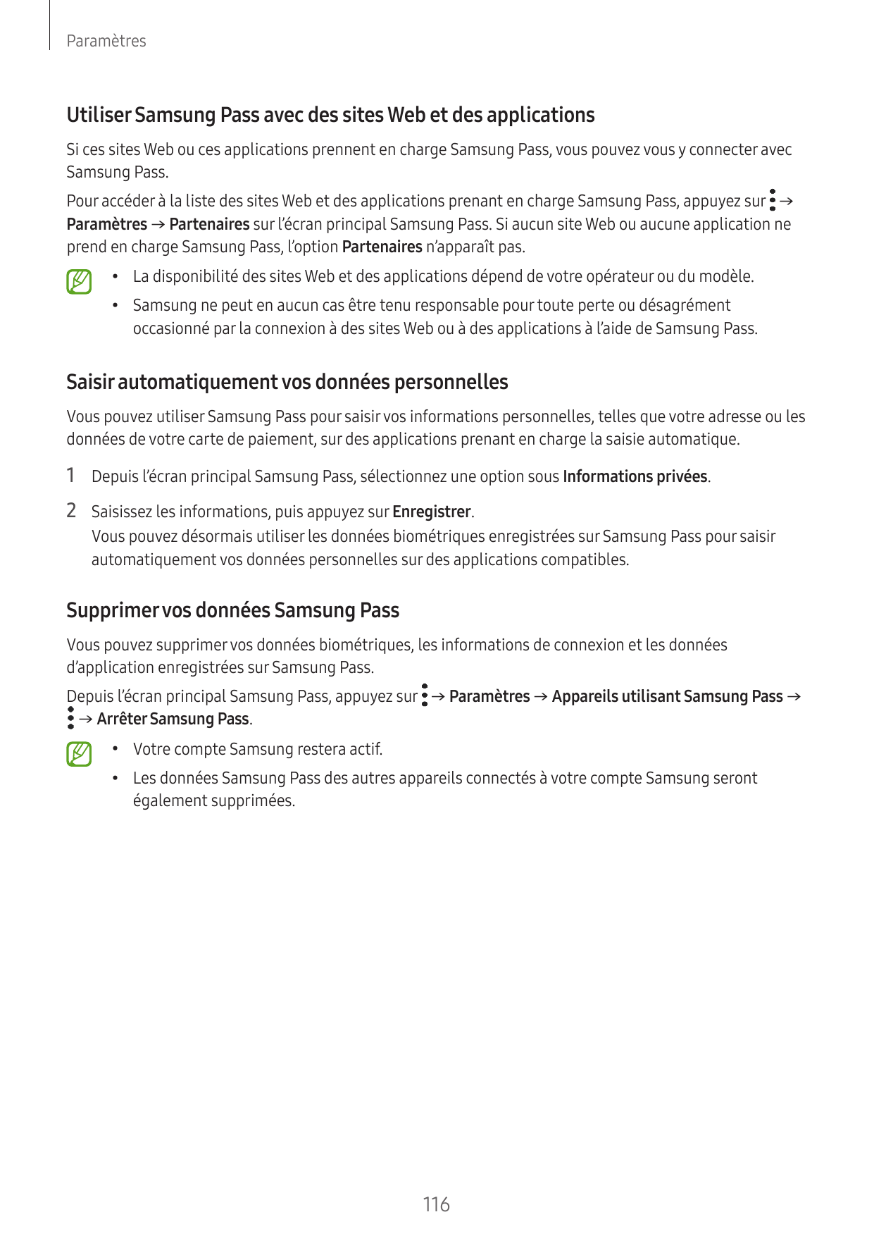 ParamètresUtiliser Samsung Pass avec des sites Web et des applicationsSi ces sites Web ou ces applications prennent en charge Sa