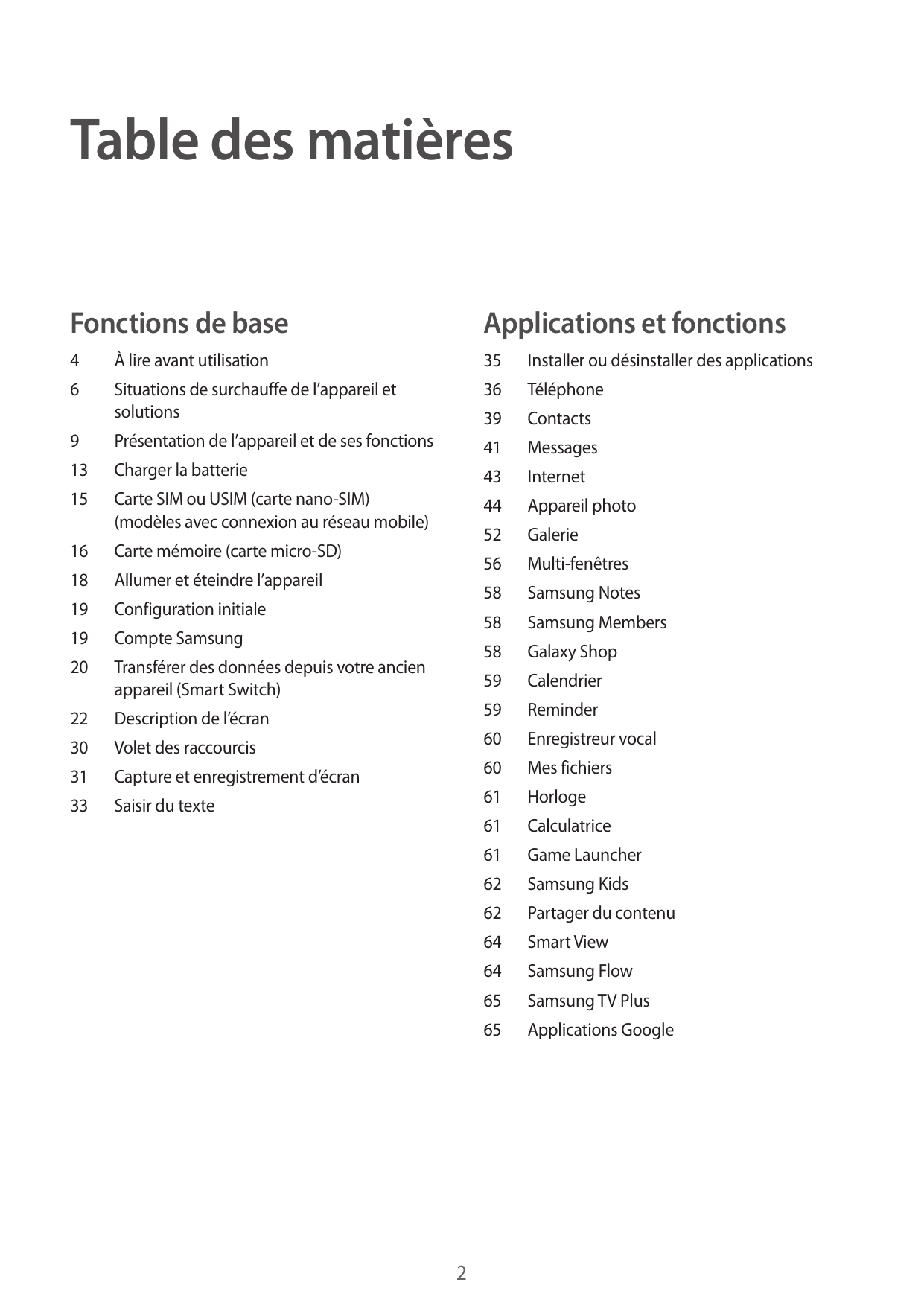 Table des matièresFonctions de baseApplications et fonctions4À lire avant utilisation356Situations de surchauffe de l’appareil e