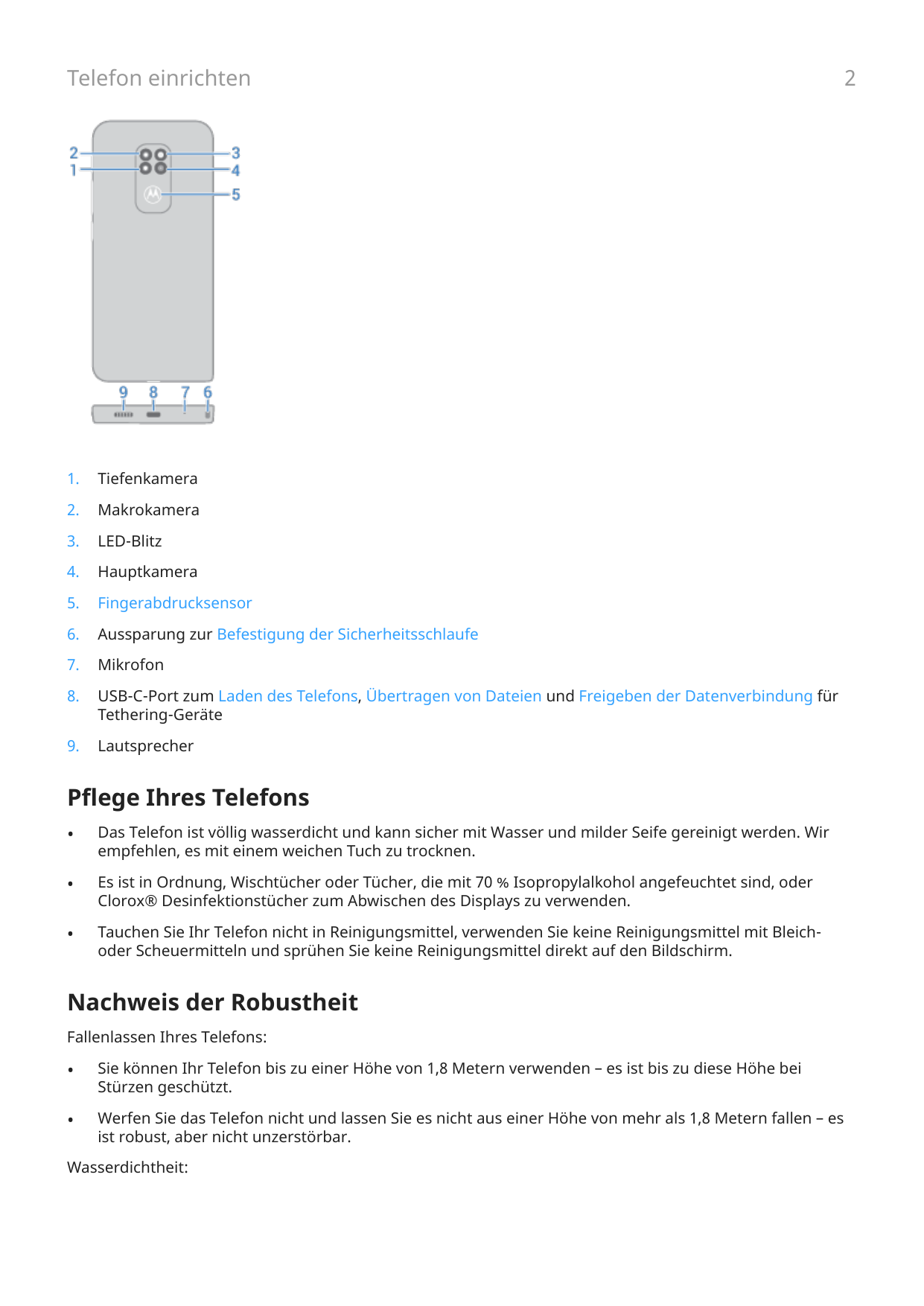 Telefon einrichten1.Tiefenkamera2.Makrokamera3.LED-Blitz4.Hauptkamera5.Fingerabdrucksensor6.Aussparung zur Befestigung der Siche