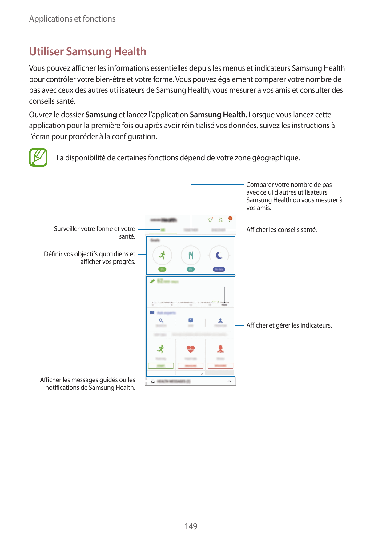 Applications et fonctionsUtiliser Samsung HealthVous pouvez afficher les informations essentielles depuis les menus et indicateu