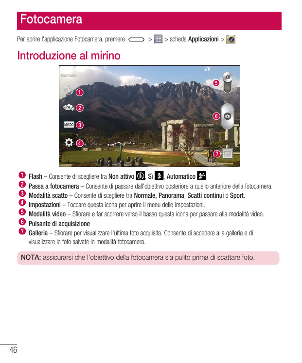 FotocameraPer aprire l'applicazione Fotocamera, premere>> scheda Applicazioni >.Introduzione al mirinoFlash – Consente di scegli