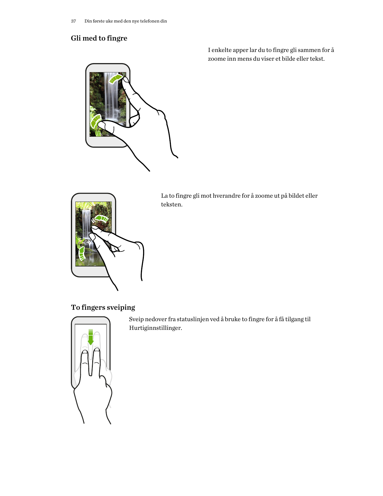 37Din første uke med den nye telefonen dinGli med to fingreI enkelte apper lar du to fingre gli sammen for åzoome inn mens du vi