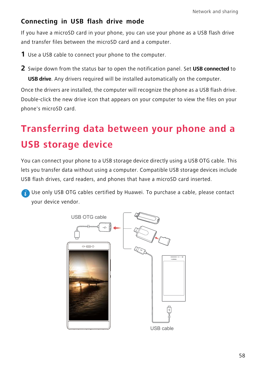 Network and sharingConnecting in USB flash drive modeIf you have a microSD card in your phone, you can use your phone as a USB f