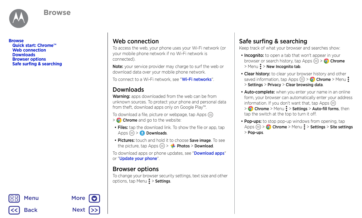 BrowseBrowseQuick start: Chrome™Web connectionDownloadsBrowser optionsSafe surfing & searchingWeb connectionSafe surfing & searc
