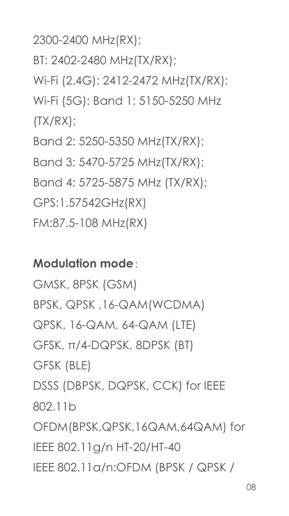 2300-2400 MHz(RX);BT: 2402-2480 MHz(TX/RX);Wi-Fi (2.4G): 2412-2472 MHz(TX/RX);Wi-Fi (5G): Band 1: 5150-5250 MHz(TX/RX);Band 2: 5