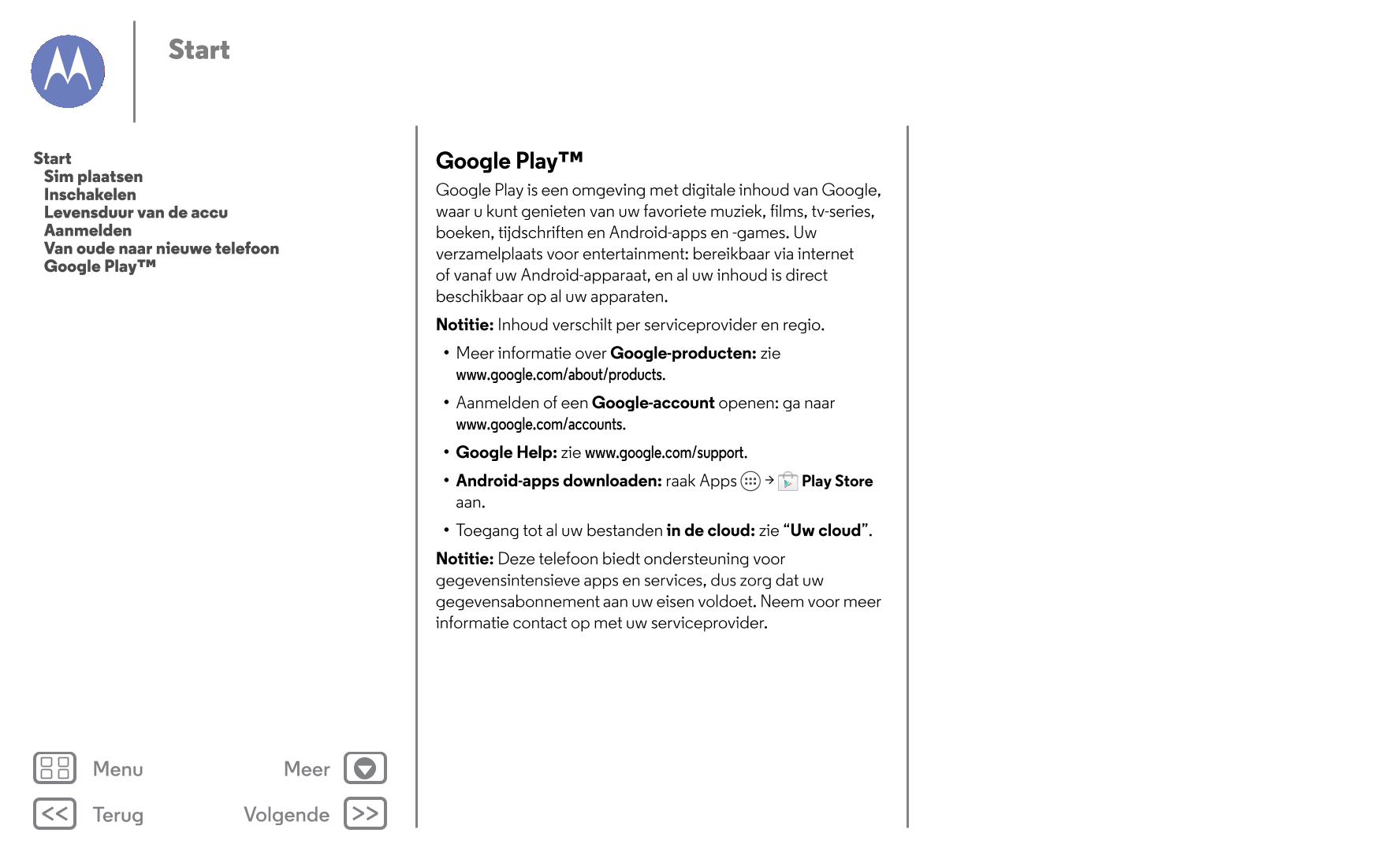 Start
Start Google Play™
   Sim plaatsen
   Inschakelen Google Play is een omgeving met digitale inhoud van Google, 
   Levensdu
