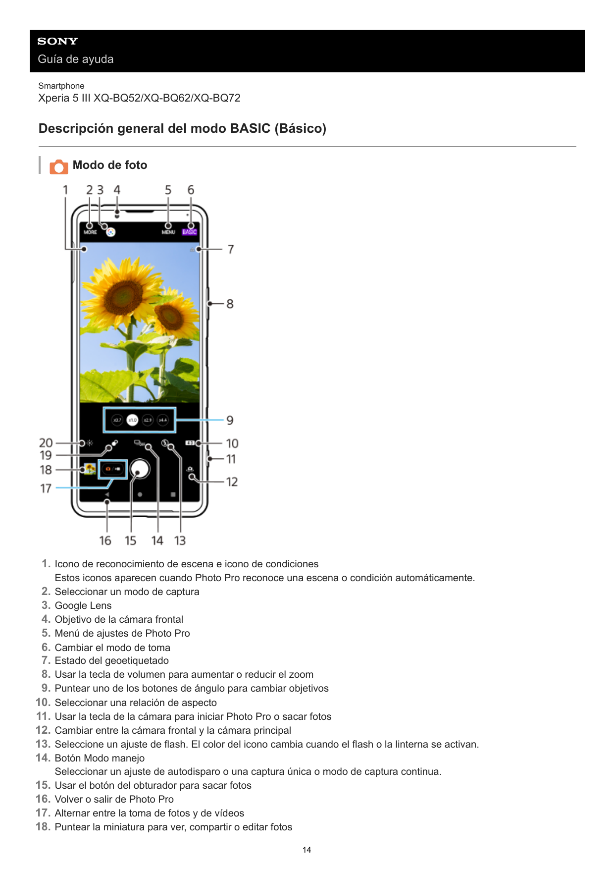 Guía de ayudaSmartphoneXperia 5 III XQ-BQ52/XQ-BQ62/XQ-BQ72Descripción general del modo BASIC (Básico)Modo de foto1. Icono de re