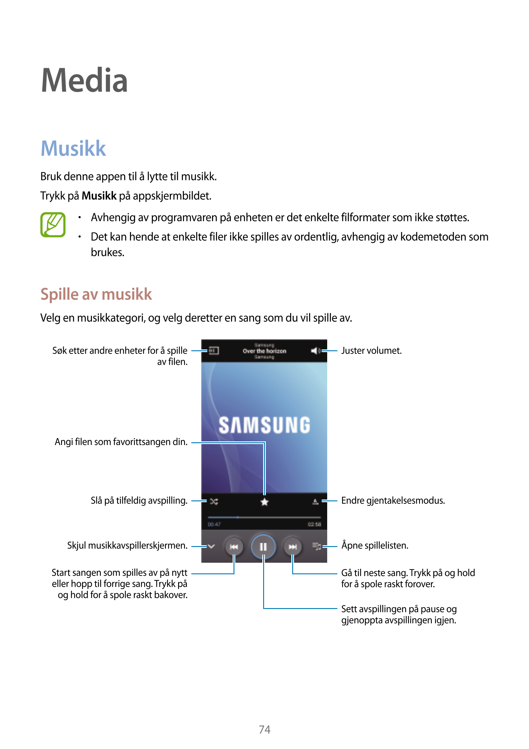 Media
Musikk
Bruk denne appen til å lytte til musikk.
Trykk på  Musikk på appskjermbildet.
•    Avhengig av programvaren på enhe