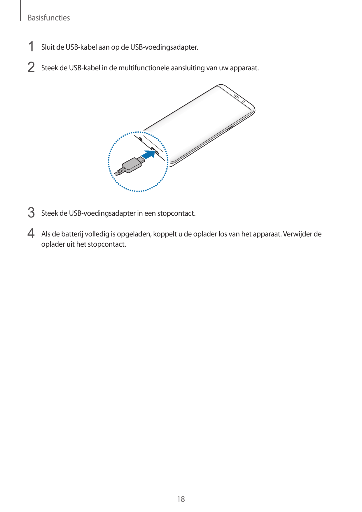 Basisfuncties1 Sluit de USB-kabel aan op de USB-voedingsadapter.2 Steek de USB-kabel in de multifunctionele aansluiting van uw a