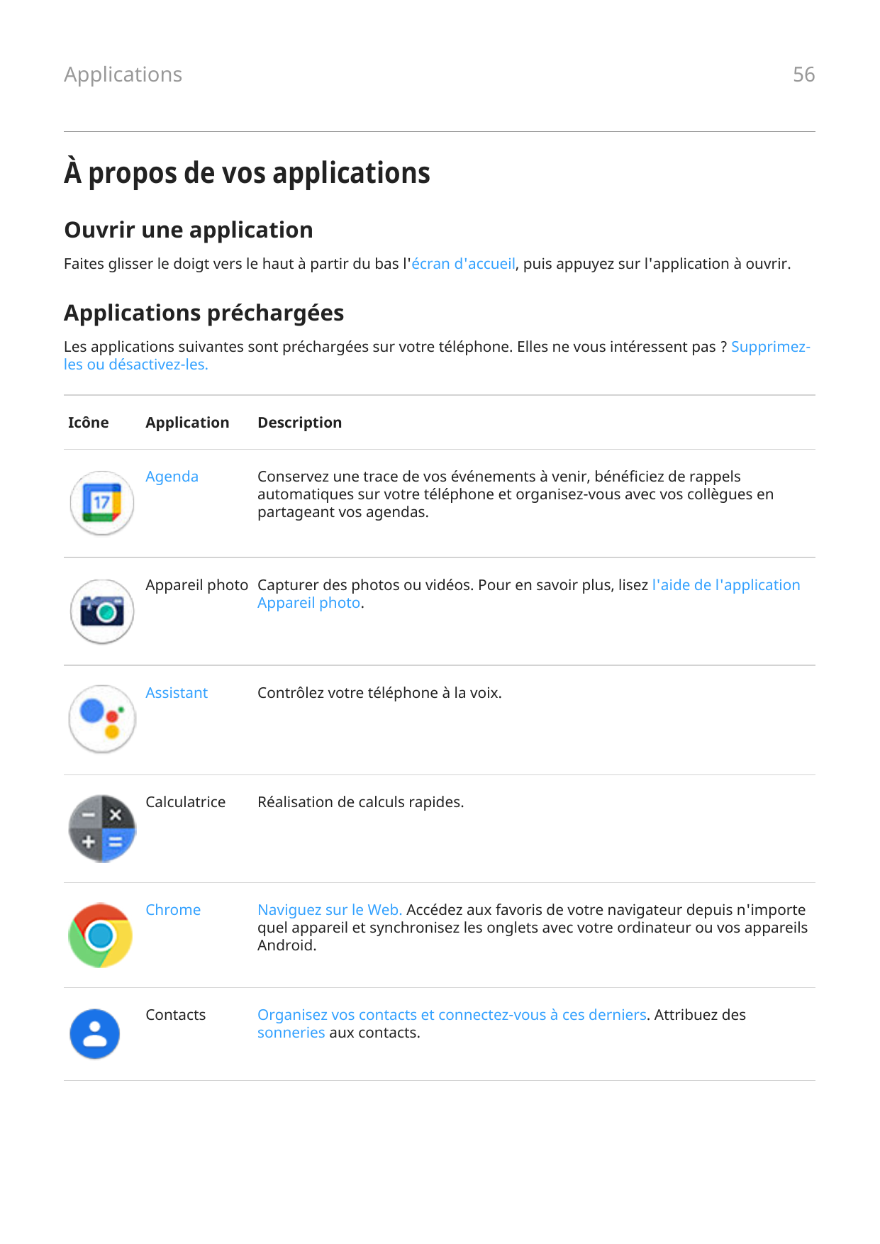 Applications56À propos de vos applicationsOuvrir une applicationFaites glisser le doigt vers le haut à partir du bas l'écran d'a
