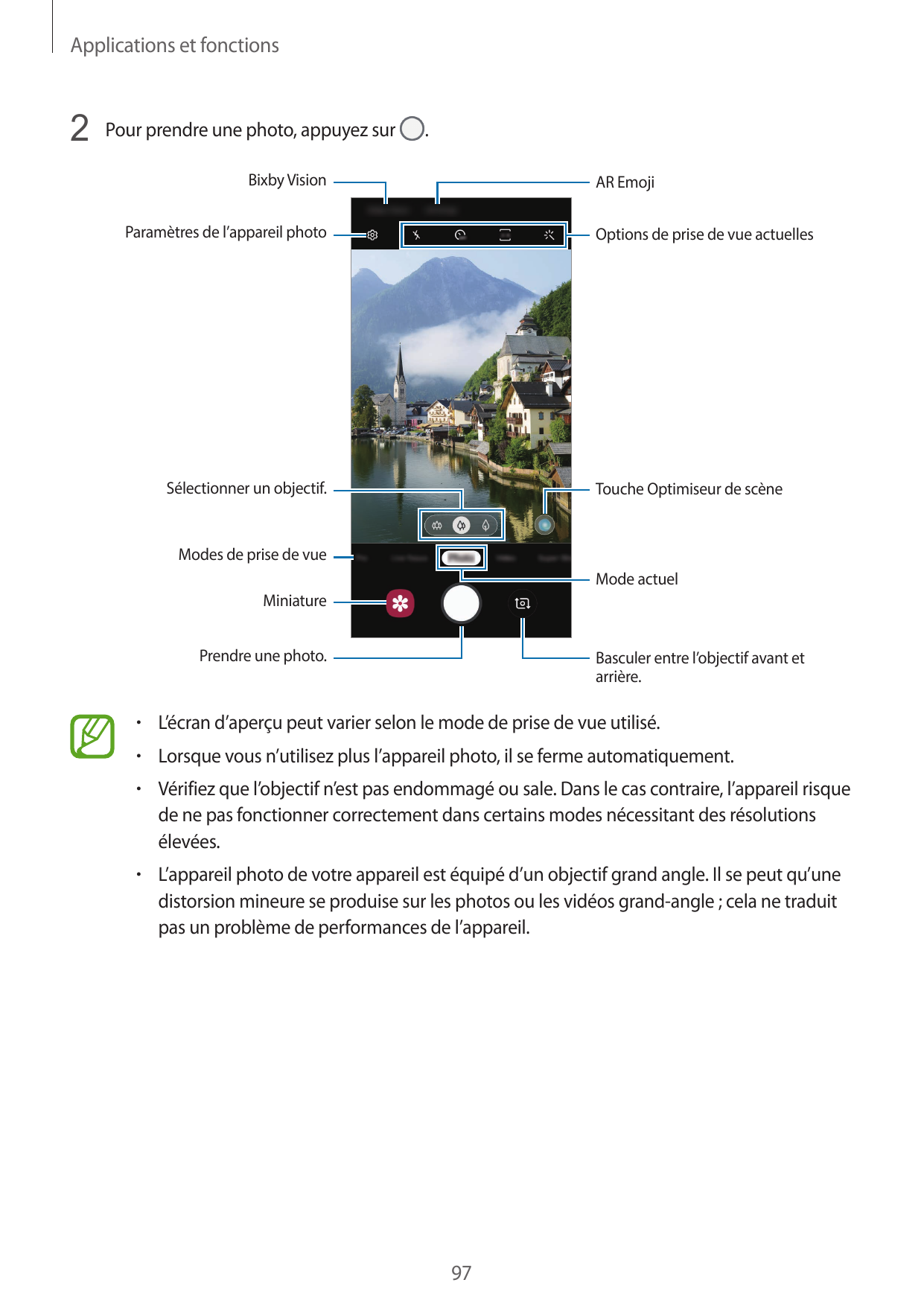 Applications et fonctions2 Pour prendre une photo, appuyez sur.Bixby VisionAR EmojiParamètres de l’appareil photoOptions de pris