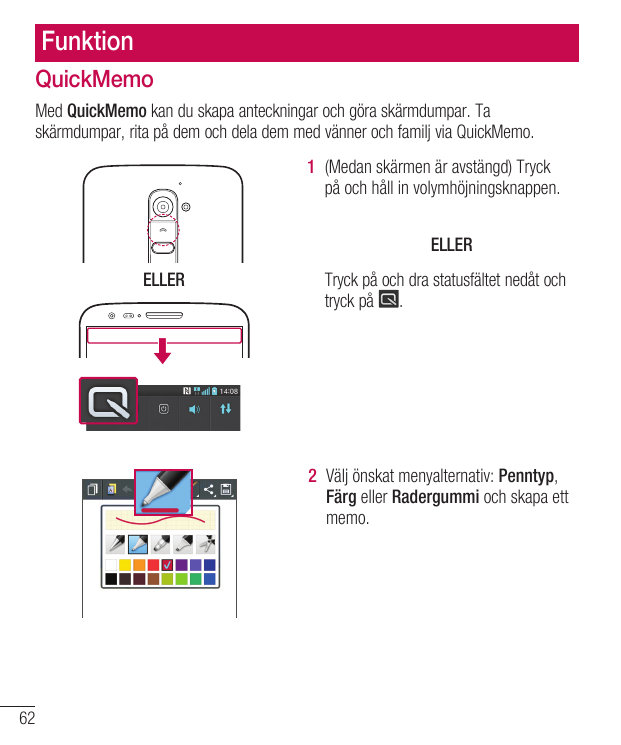 FunktionQuickMemoMed QuickMemo kan du skapa anteckningar och göra skärmdumpar. Taskärmdumpar, rita på dem och dela dem med vänne