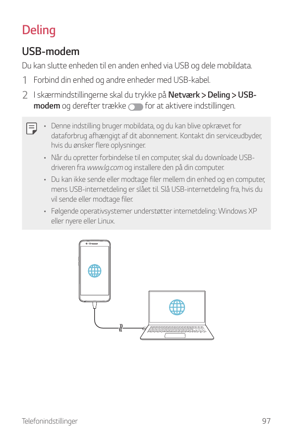 DelingUSB-modemDu kan slutte enheden til en anden enhed via USB og dele mobildata.1 Forbind din enhed og andre enheder med USB-k