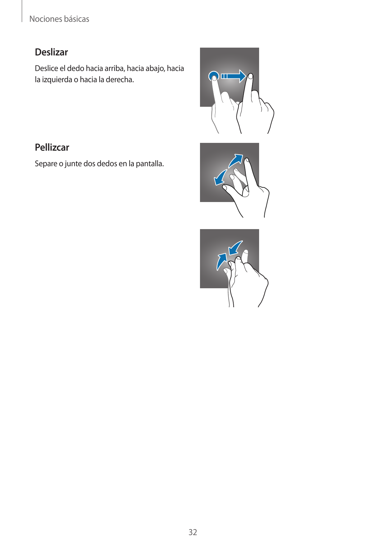 Nociones básicasDeslizarDeslice el dedo hacia arriba, hacia abajo, haciala izquierda o hacia la derecha.PellizcarSepare o junte 
