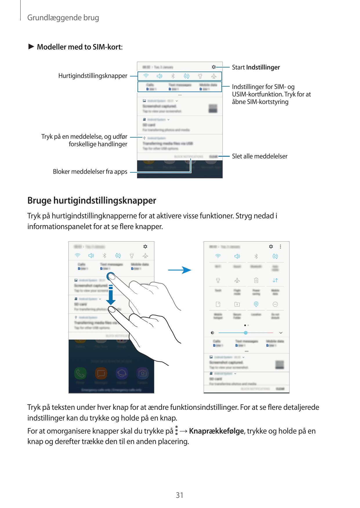 Grundlæggende brug► Modeller med to SIM-kort:Start IndstillingerHurtigindstillingsknapperIndstillinger for SIM- ogUSIM-kortfunkt