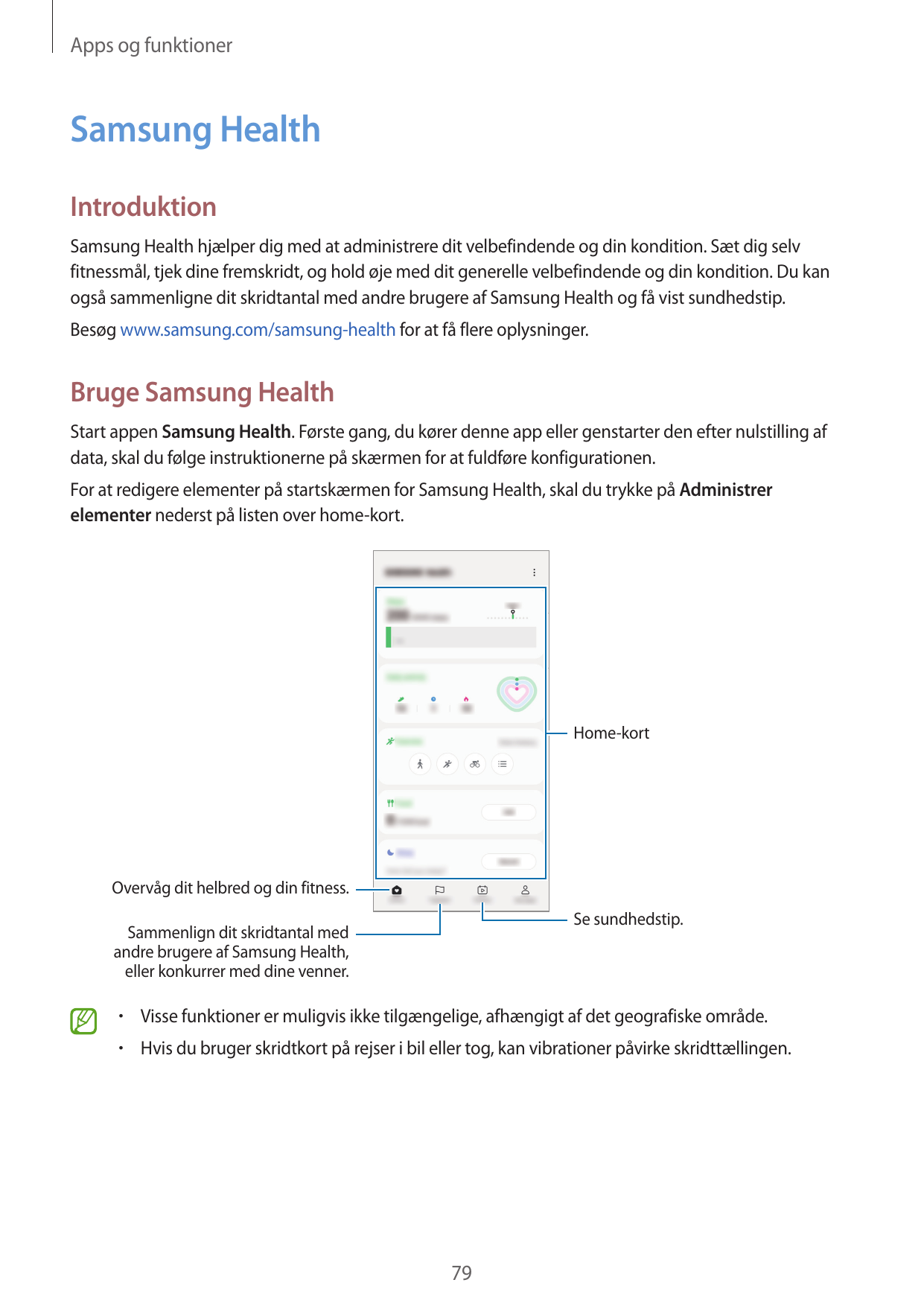 Apps og funktionerSamsung HealthIntroduktionSamsung Health hjælper dig med at administrere dit velbefindende og din kondition. S