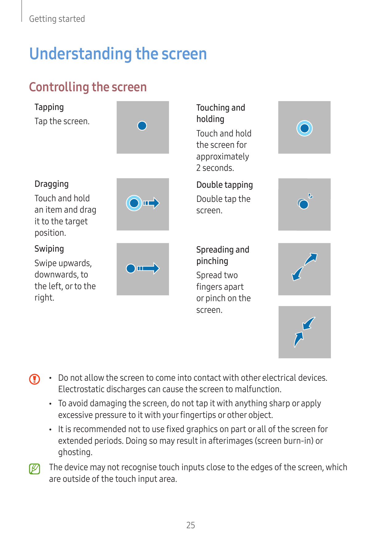 Getting startedUnderstanding the screenControlling the screenTappingTouching andholdingTap the screen.Touch and holdthe screen f