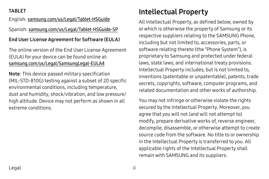 Intellectual PropertyTABLETEnglish: samsung.com/us/Legal/Tablet-HSGuideAll Intellectual Property, as defined below, owned byor w