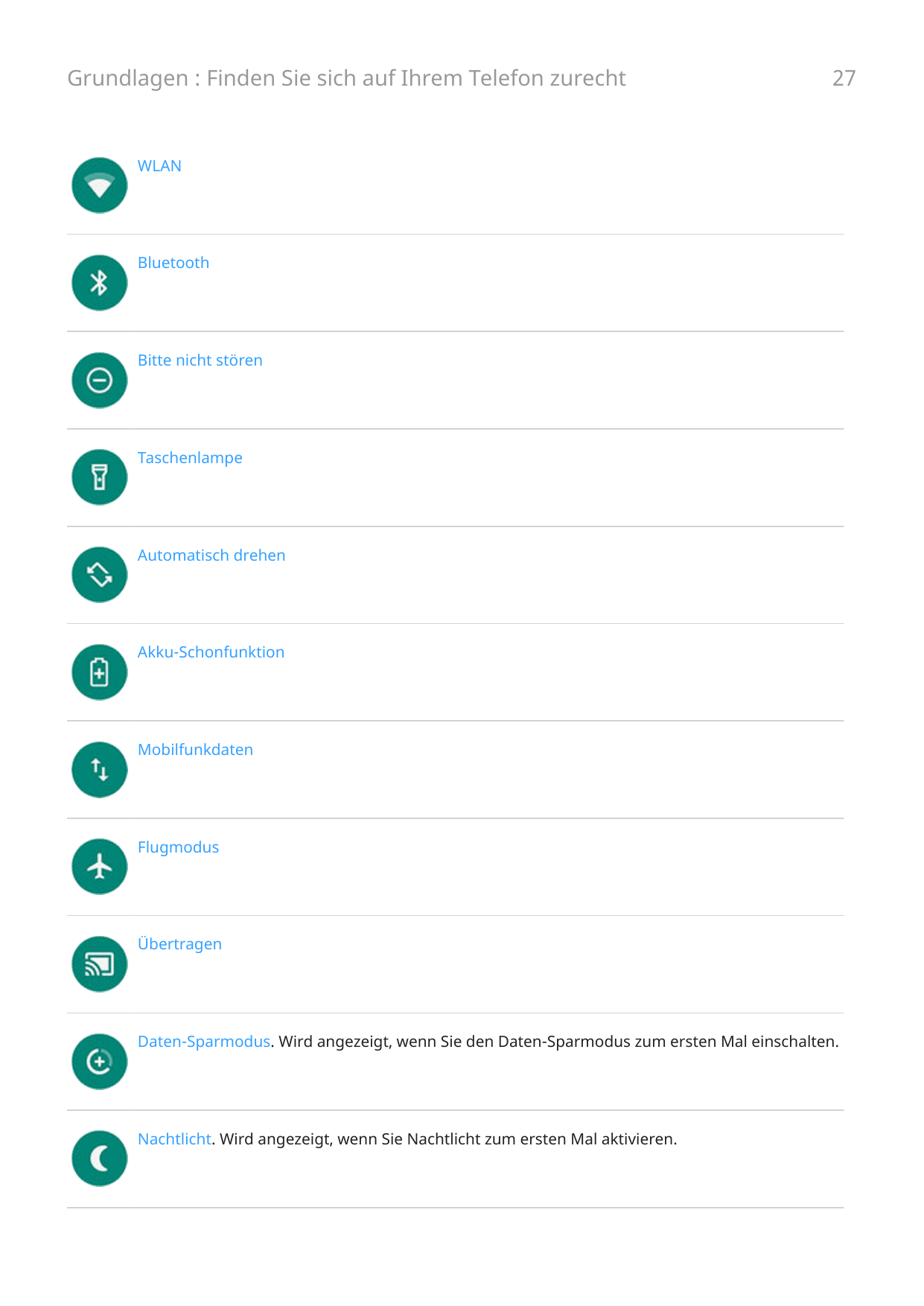 Grundlagen : Finden Sie sich auf Ihrem Telefon zurecht27WLANBluetoothBitte nicht störenTaschenlampeAutomatisch drehenAkku-Schonf