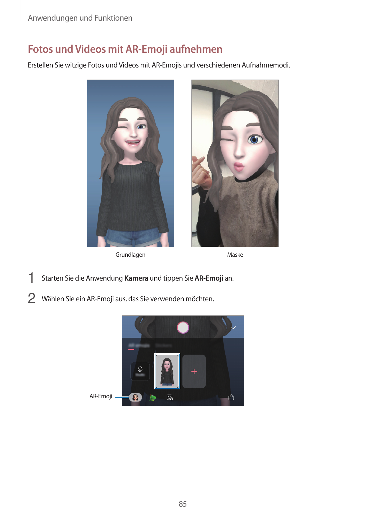 Anwendungen und FunktionenFotos und Videos mit AR-Emoji aufnehmenErstellen Sie witzige Fotos und Videos mit AR-Emojis und versch