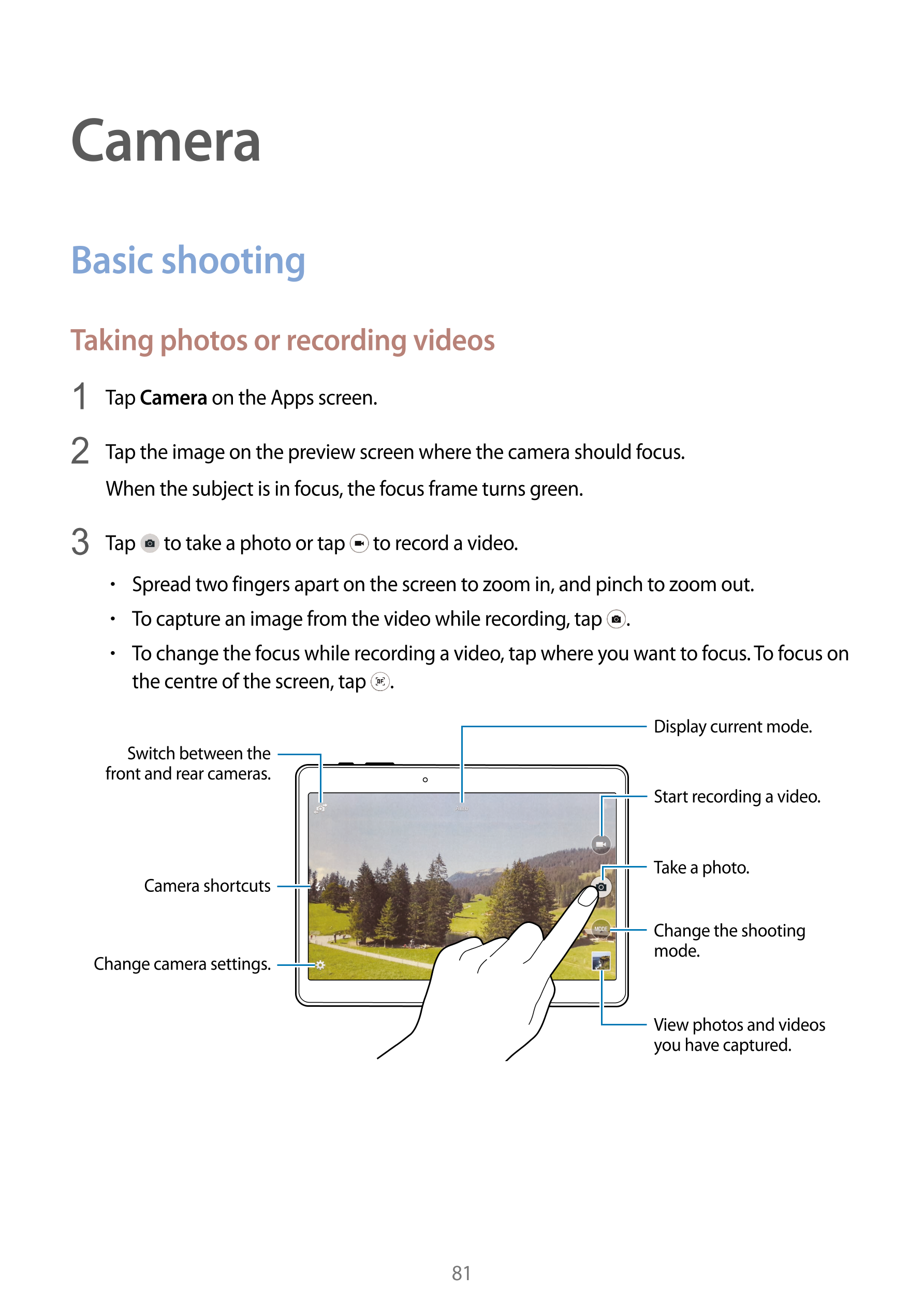 Camera
Basic shooting
Taking photos or recording videos
1  Tap  Camera on the Apps screen.
2  Tap the image on the preview scree