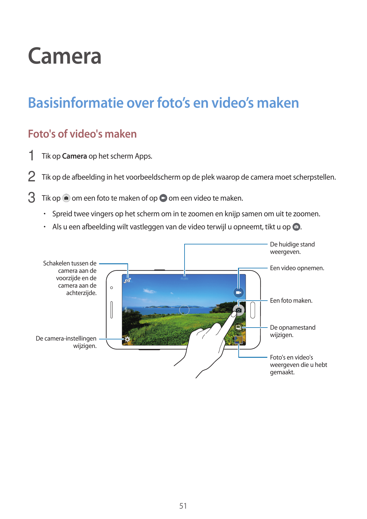 CameraBasisinformatie over foto’s en video’s makenFoto's of video's maken1 Tik op Camera op het scherm Apps.2 Tik op de afbeeldi