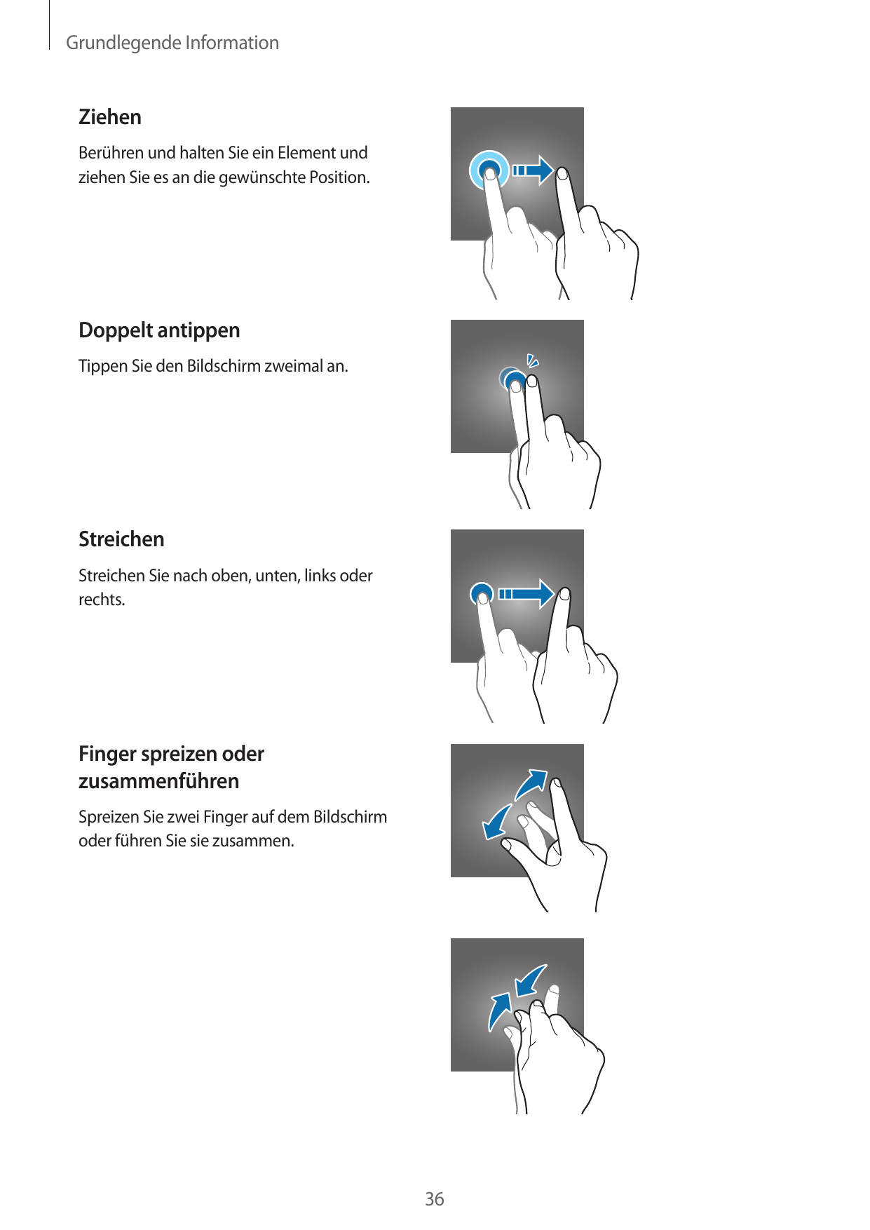 Grundlegende InformationZiehenBerühren und halten Sie ein Element undziehen Sie es an die gewünschte Position.Doppelt antippenTi