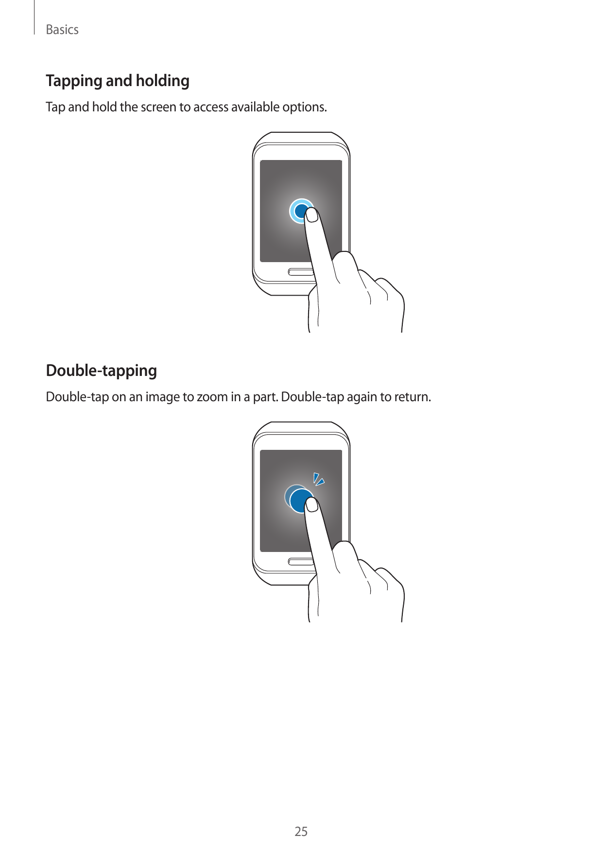 BasicsTapping and holdingTap and hold the screen to access available options.Double-tappingDouble-tap on an image to zoom in a p