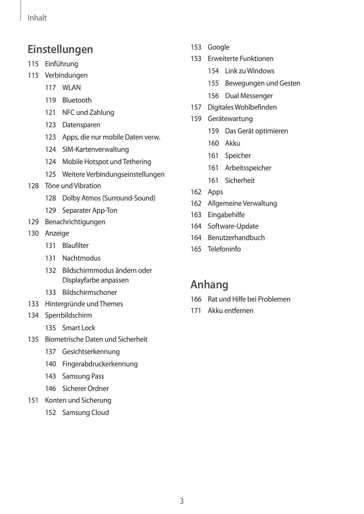 InhaltEinstellungen153Google153 Erweiterte Funktionen115Einführung115Verbindungen154 Link zu Windows155 Bewegungen und Gesten117