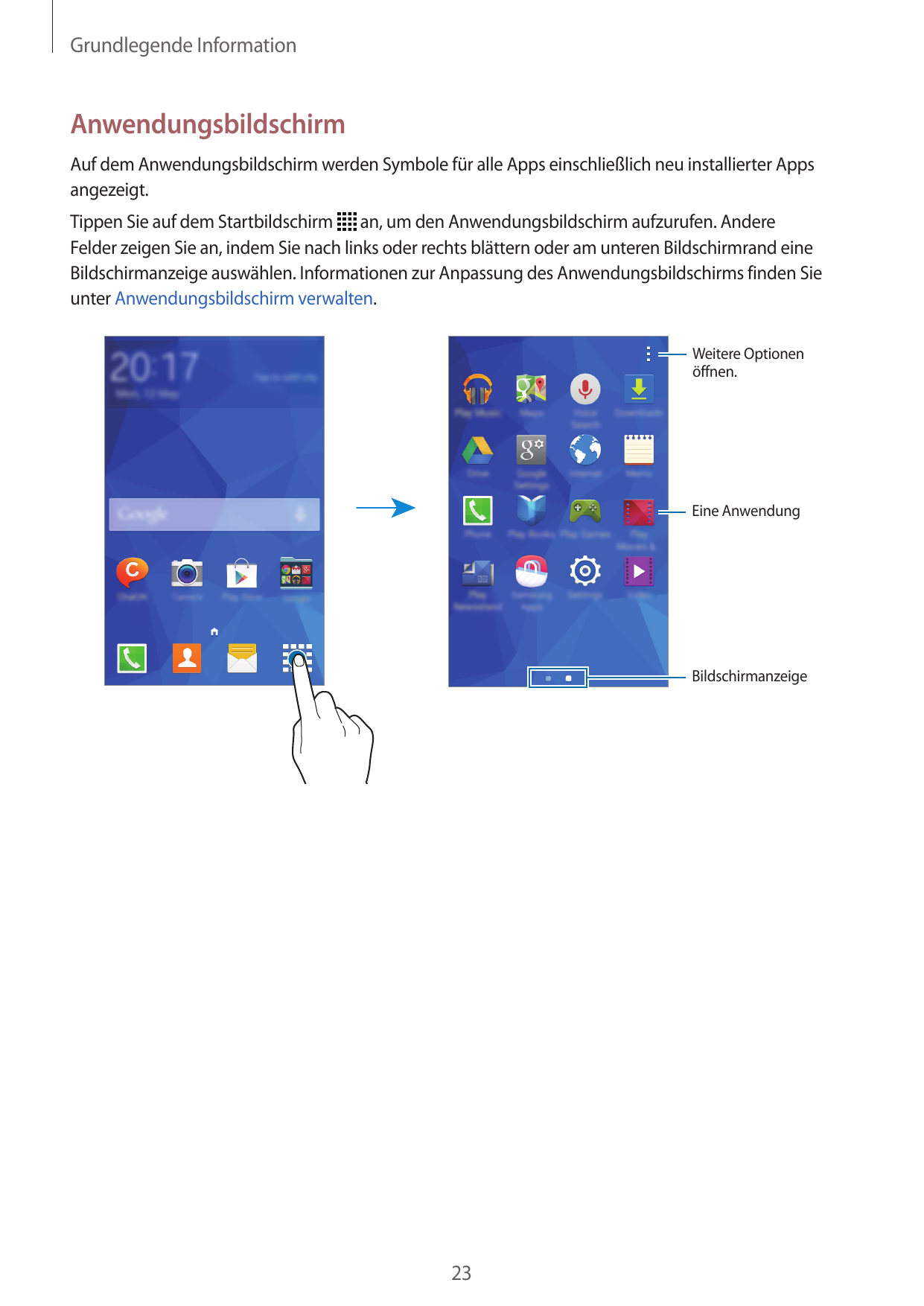 Grundlegende InformationAnwendungsbildschirmAuf dem Anwendungsbildschirm werden Symbole für alle Apps einschließlich neu install