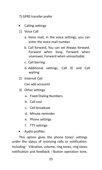  7) GPRS transfer prefer  • Calling settings 1) Voice Call   a. Voice  mail,  in  the  voice  settings,  you  can enter the voic