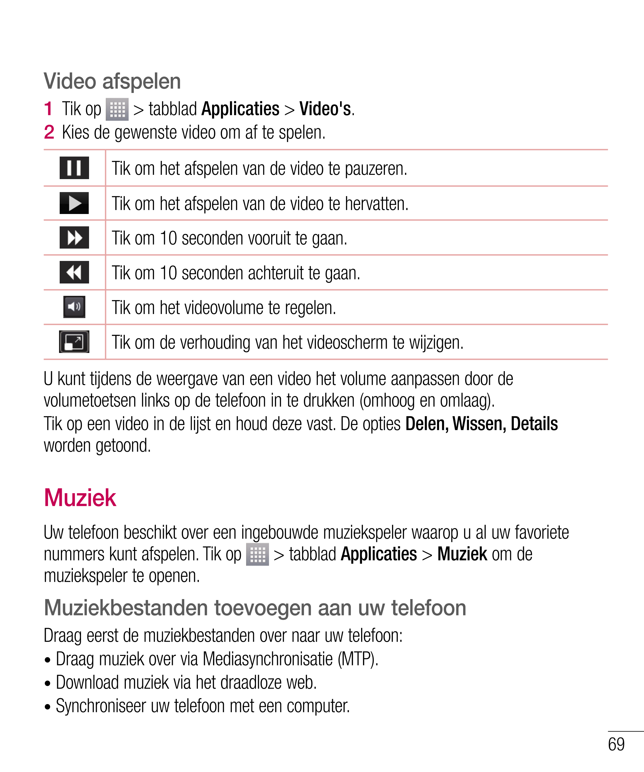 Multimedia
Video's afspelen Video afspelen
In het voorbeeldscherm van videobestanden wordt het pictogram   getoond. Kies de  1  