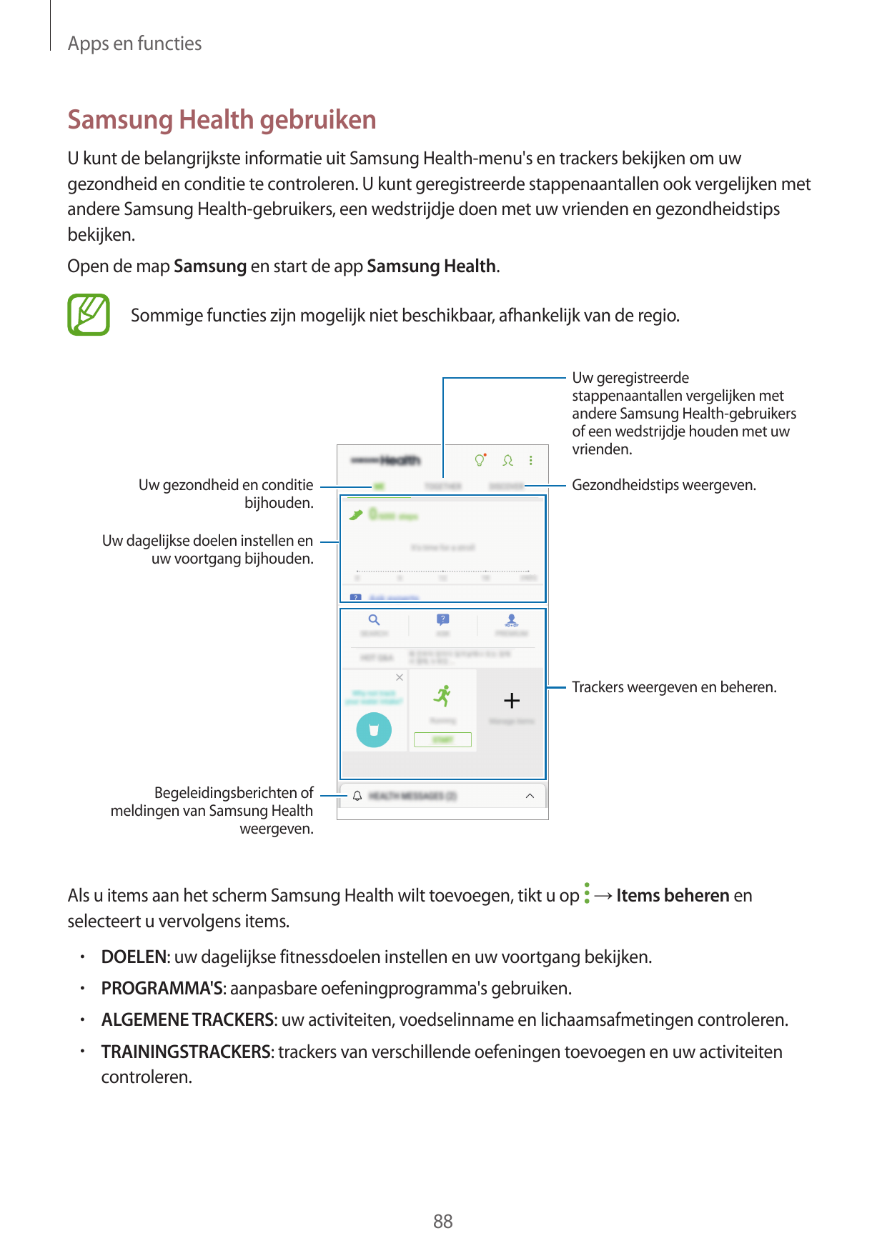 Apps en functiesSamsung Health gebruikenU kunt de belangrijkste informatie uit Samsung Health-menu's en trackers bekijken om uwg