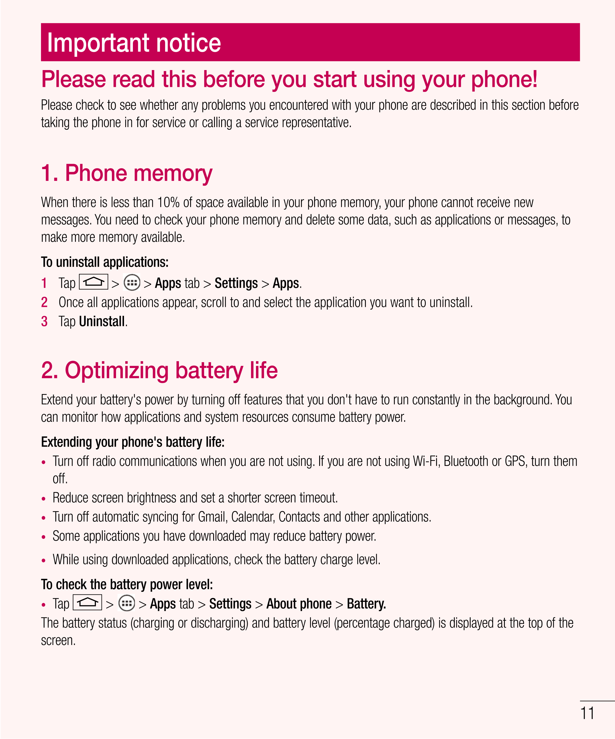 Important notice
Please read this before you start using your phone!
Please check to see whether any problems you encountered wi