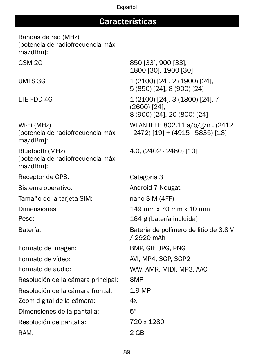 EspañolCaracterísticasBandas de red (MHz)[potencia de radiofrecuencia máxima/dBm]:GSM 2G850 [33], 900 [33],1800 [30], 1900 [30]U
