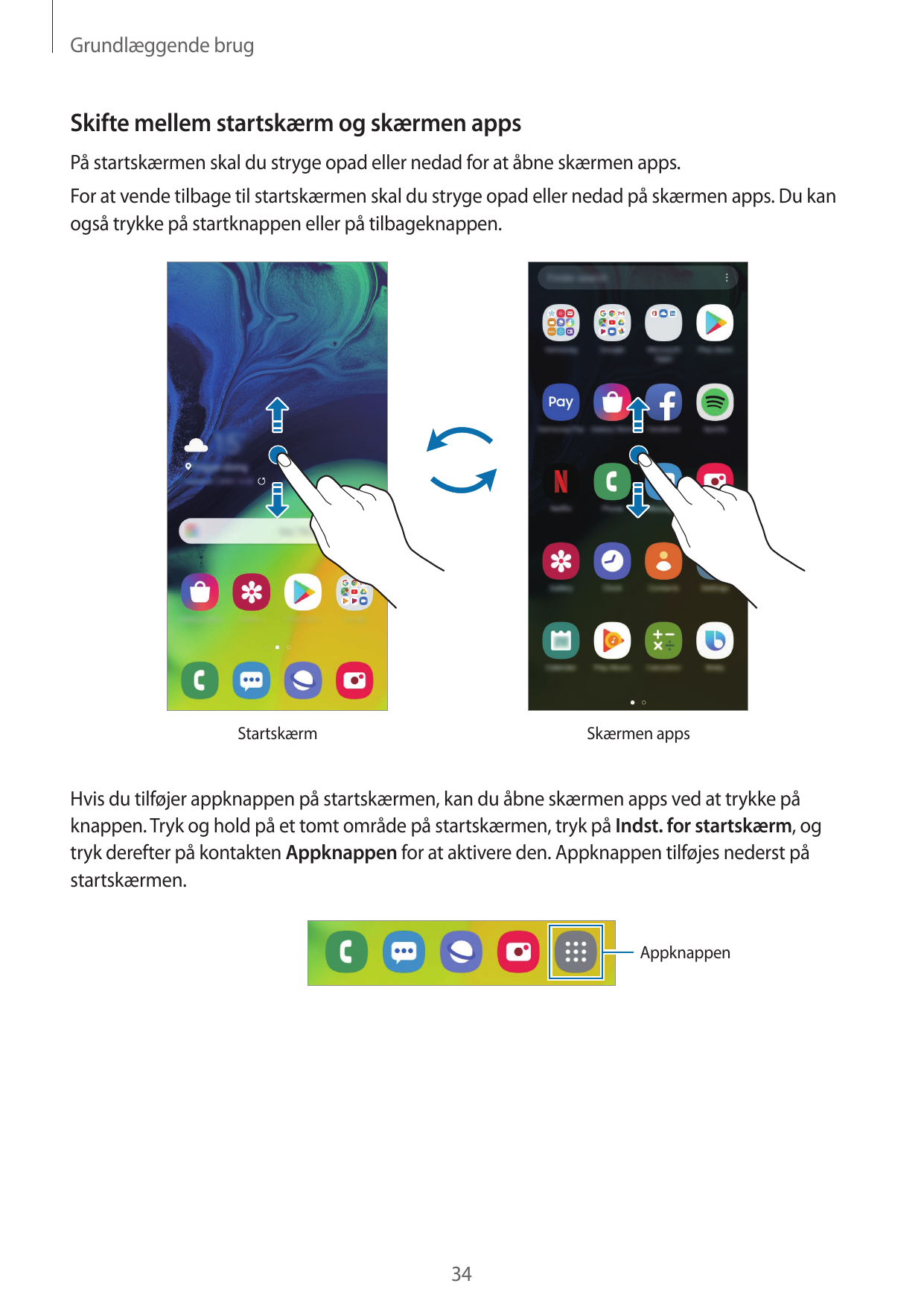 Grundlæggende brugSkifte mellem startskærm og skærmen appsPå startskærmen skal du stryge opad eller nedad for at åbne skærmen ap