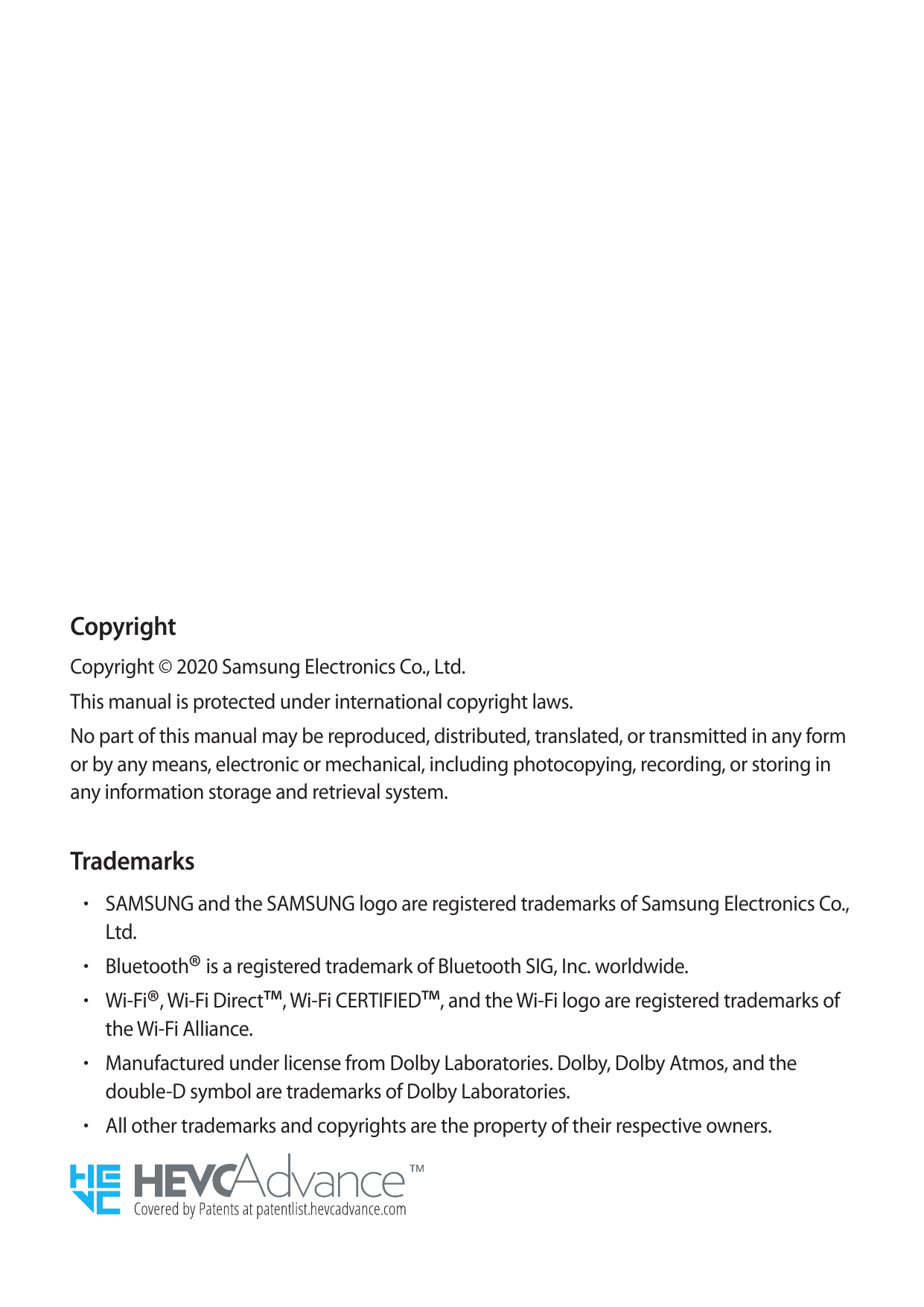 CopyrightCopyright © 2020 Samsung Electronics Co., Ltd.This manual is protected under international copyright laws.No part of th