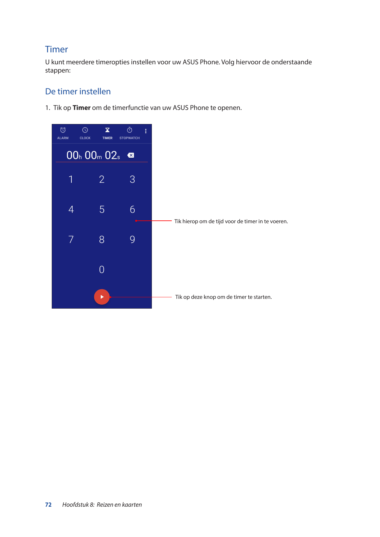 TimerU kunt meerdere timeropties instellen voor uw ASUS Phone. Volg hiervoor de onderstaandestappen:De timer instellen1. Tik op 