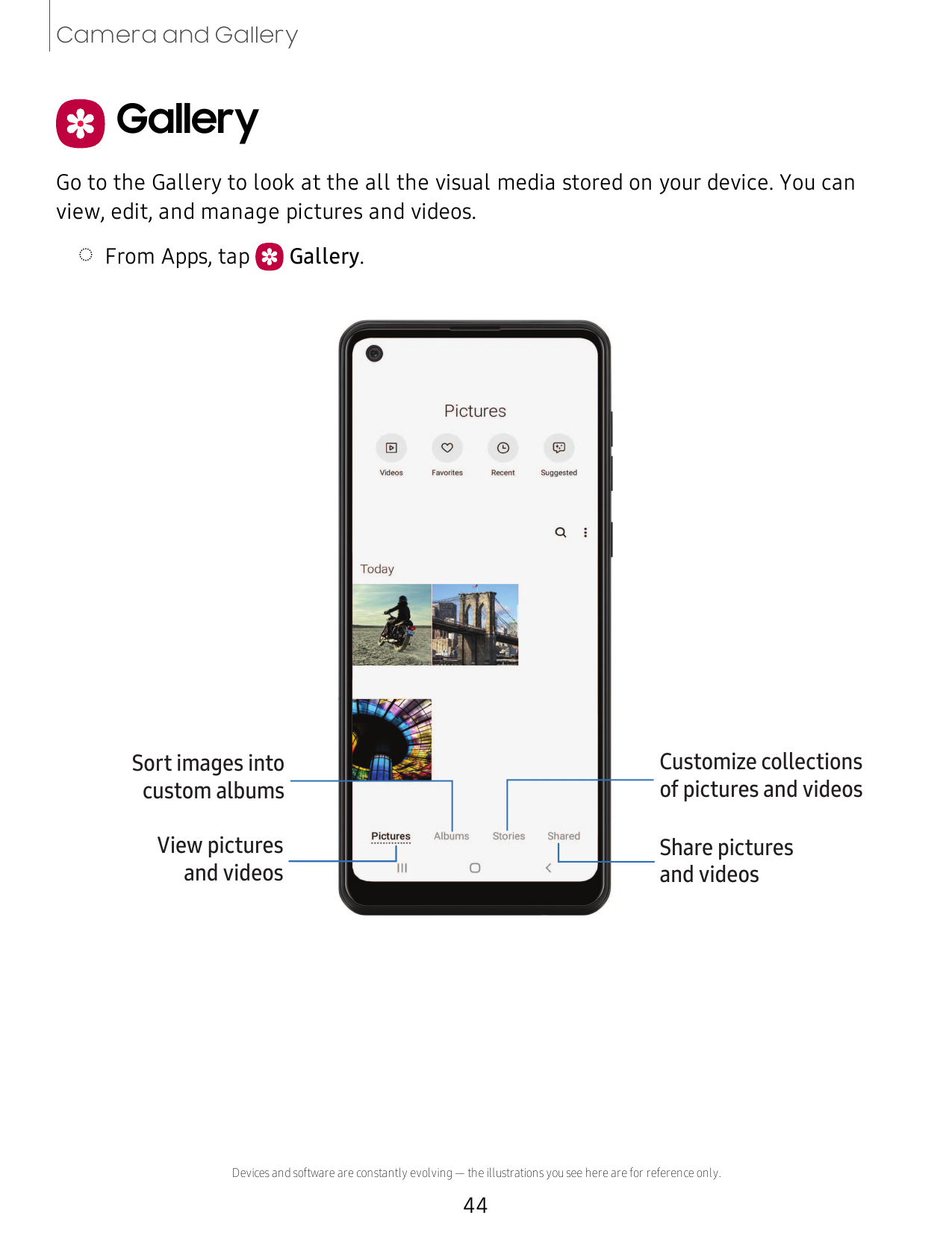 Camera and GalleryGalleryGo to the Gallery to look at the all the visual media stored on your device. You canview, edit, and man