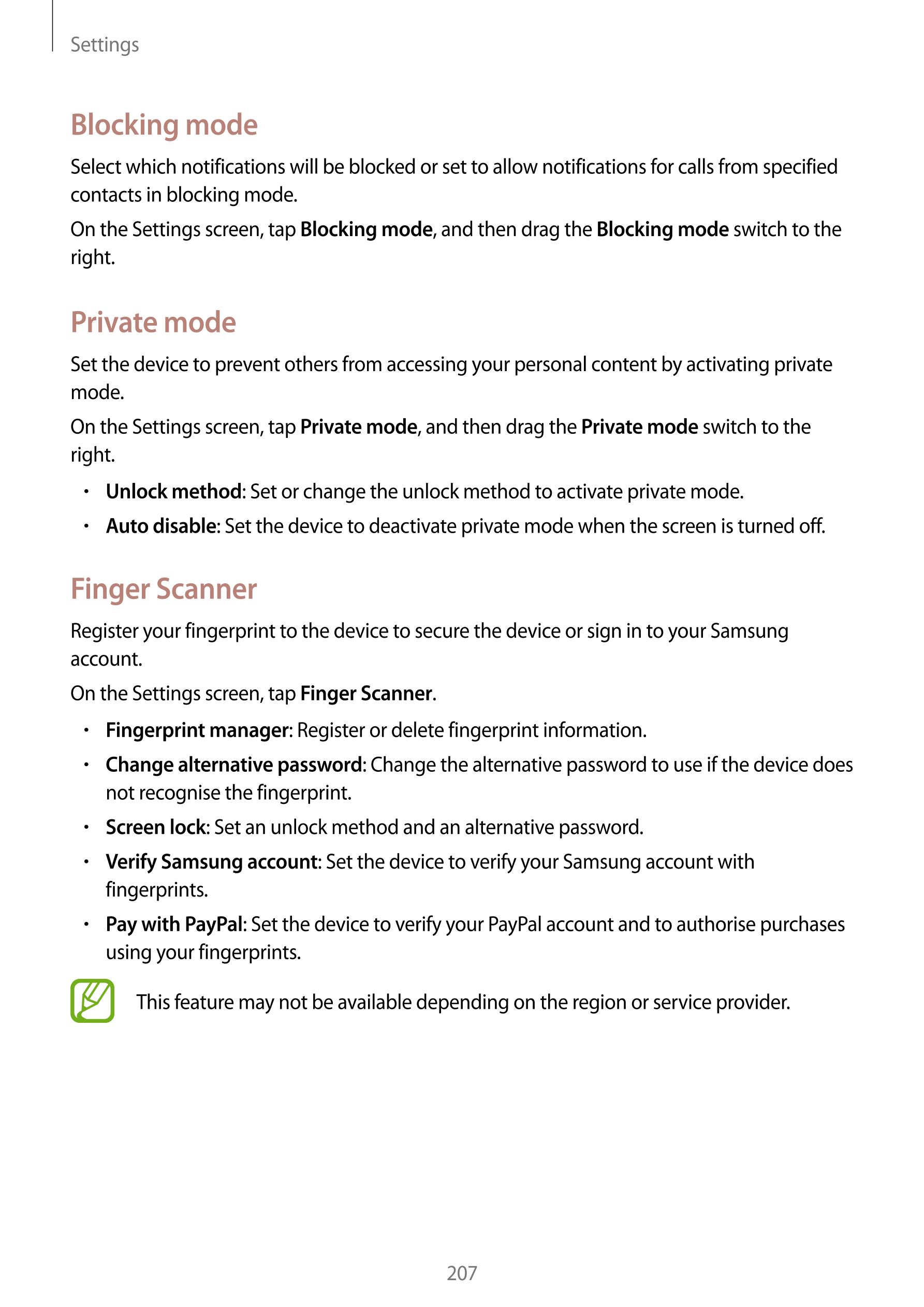 Settings
Blocking mode
Select which notifications will be blocked or set to allow notifications for calls from specified 
contac