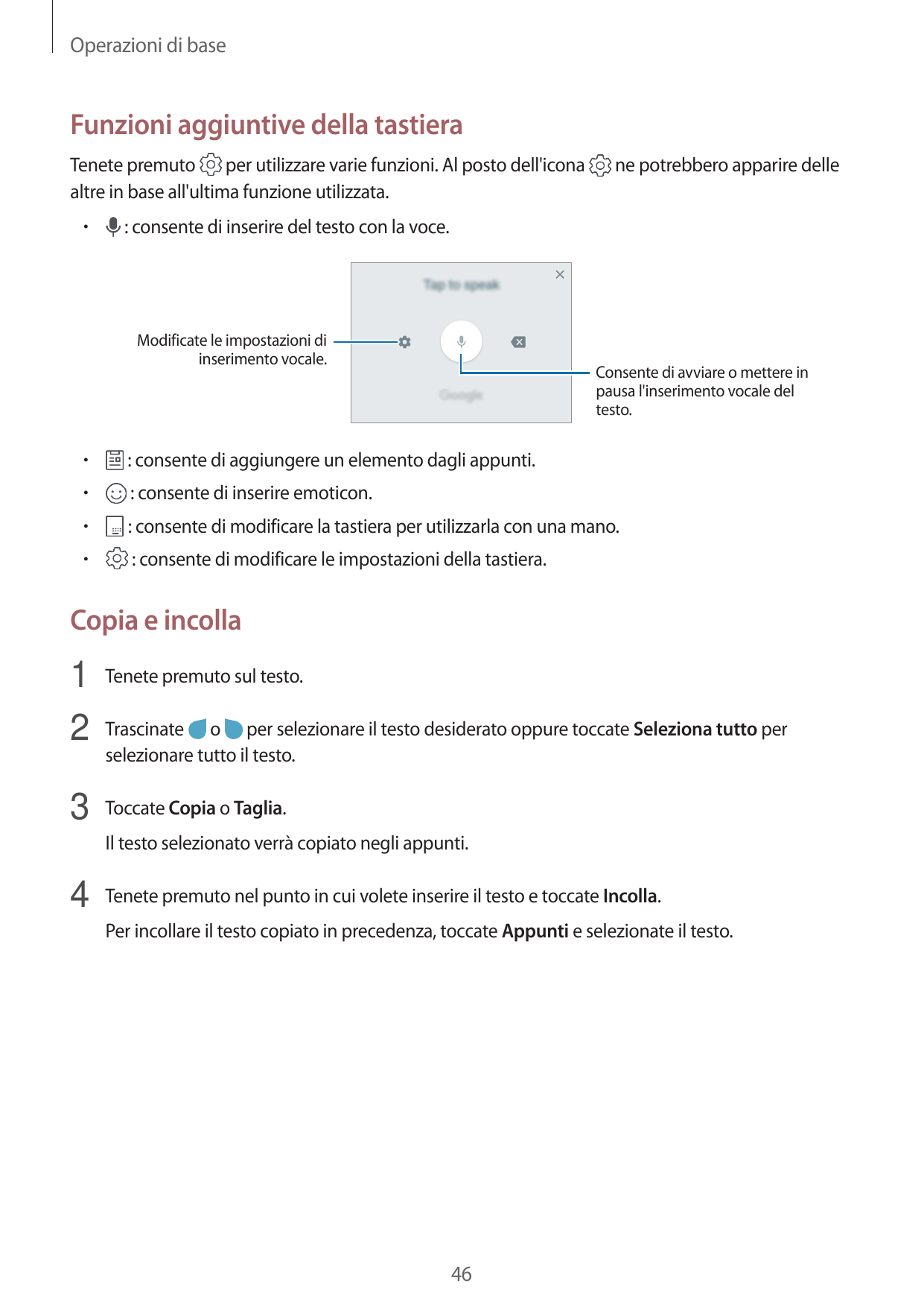 Operazioni di baseFunzioni aggiuntive della tastieraTenete premuto per utilizzare varie funzioni. Al posto dell'iconaaltre in ba